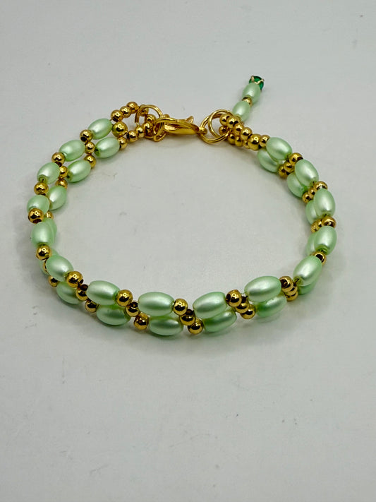 7.5” Double Banded Rice Bead Bracelet with Gold Accents | Mint Green Beaded Jewelry | Handmade Adjustable Bracelet