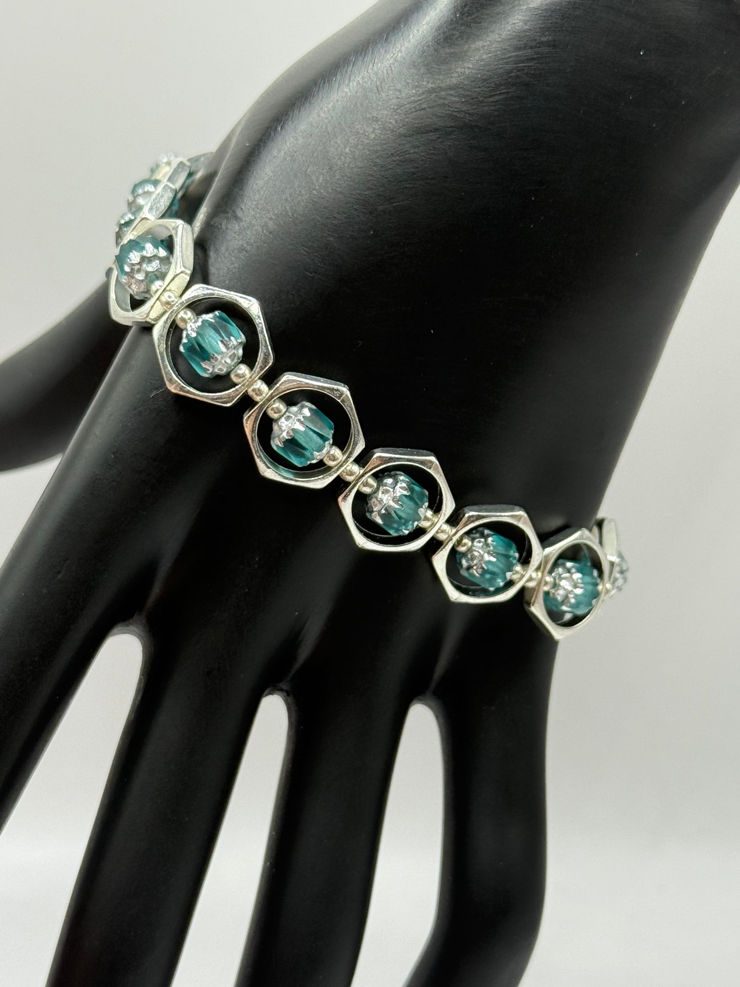 Teal Lantern Bead Bracelet and Earring Set | 7.75” Silver Framed Stretch Bracelet with Matching Earrings | Boho Chic Jewelry by LuckyCharm Boutique TX