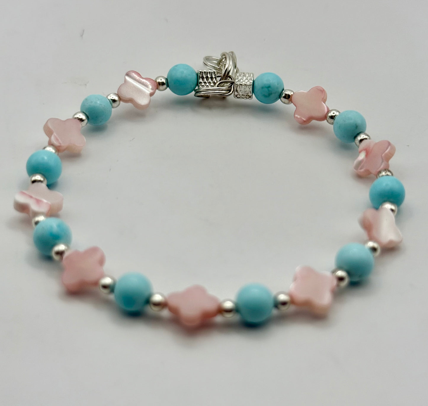 Pink Mother of Pearl & Blue Glass Beaded Bracelet – 7.5” Adjustable