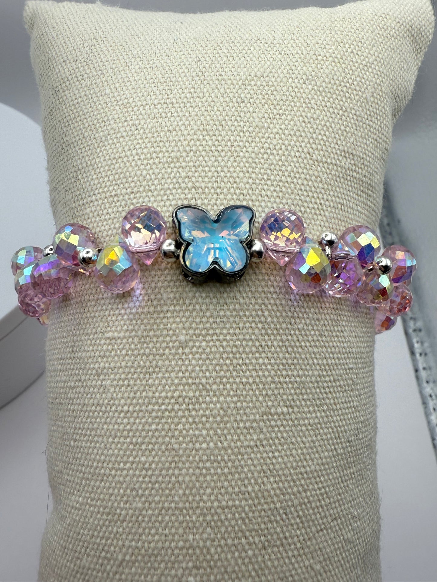 Pink Faceted Disco Cut Bracelet with Butterfly Focal 7.75"-8"