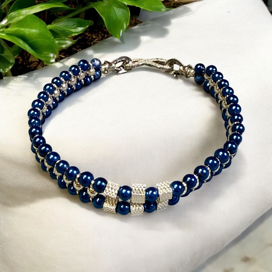 Royal Blue and Silver Bracelet with Infinity Double Clasp 7.75"