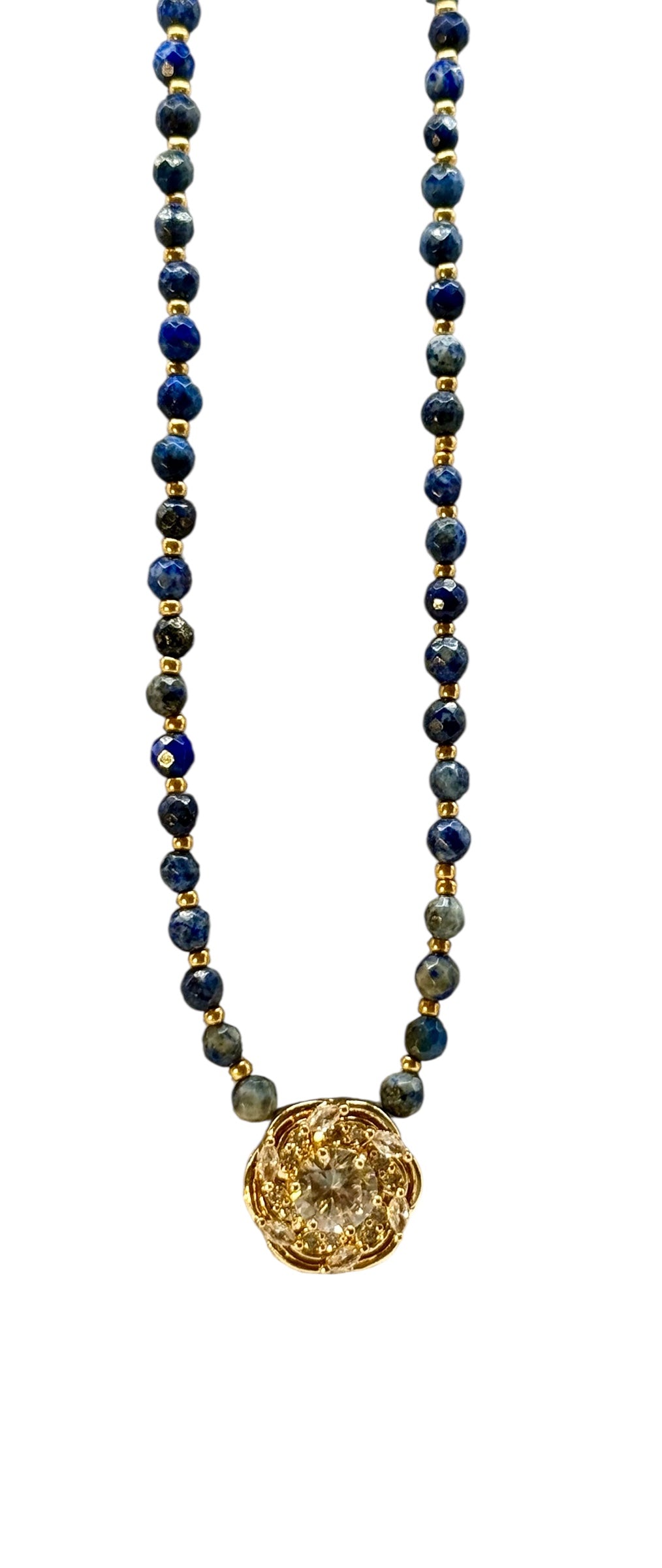 20” Lapis Lazuli Necklace with Gold Crystal Focal Pendant | Handmade Gemstone Jewelry | Elegant Blue Beaded Necklace for Women