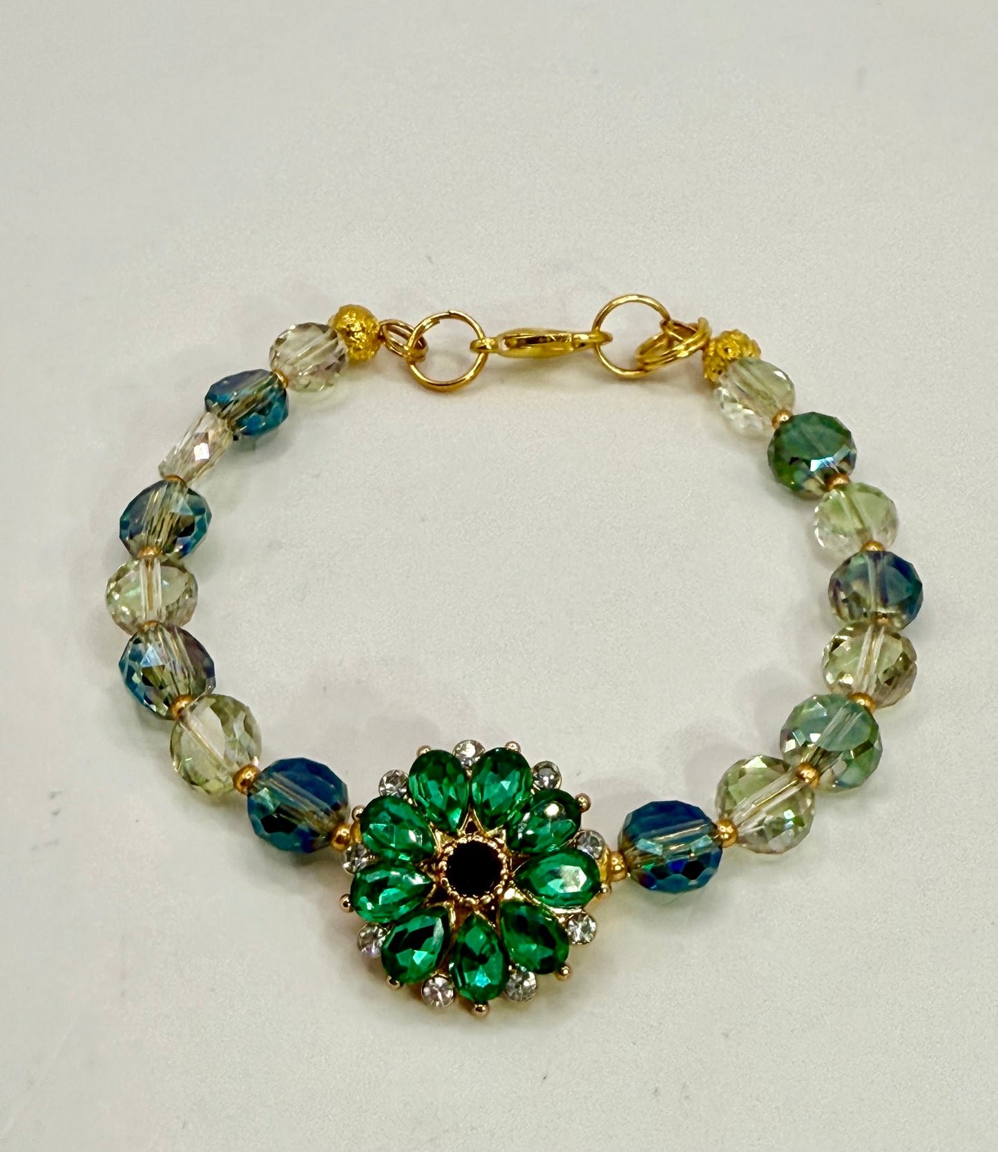 Emerald Green Crystal Flower Bracelet – 7.5” Clasp Bracelet | Adjustable | Handmade Beaded Jewelry Gift | Free Gift Included