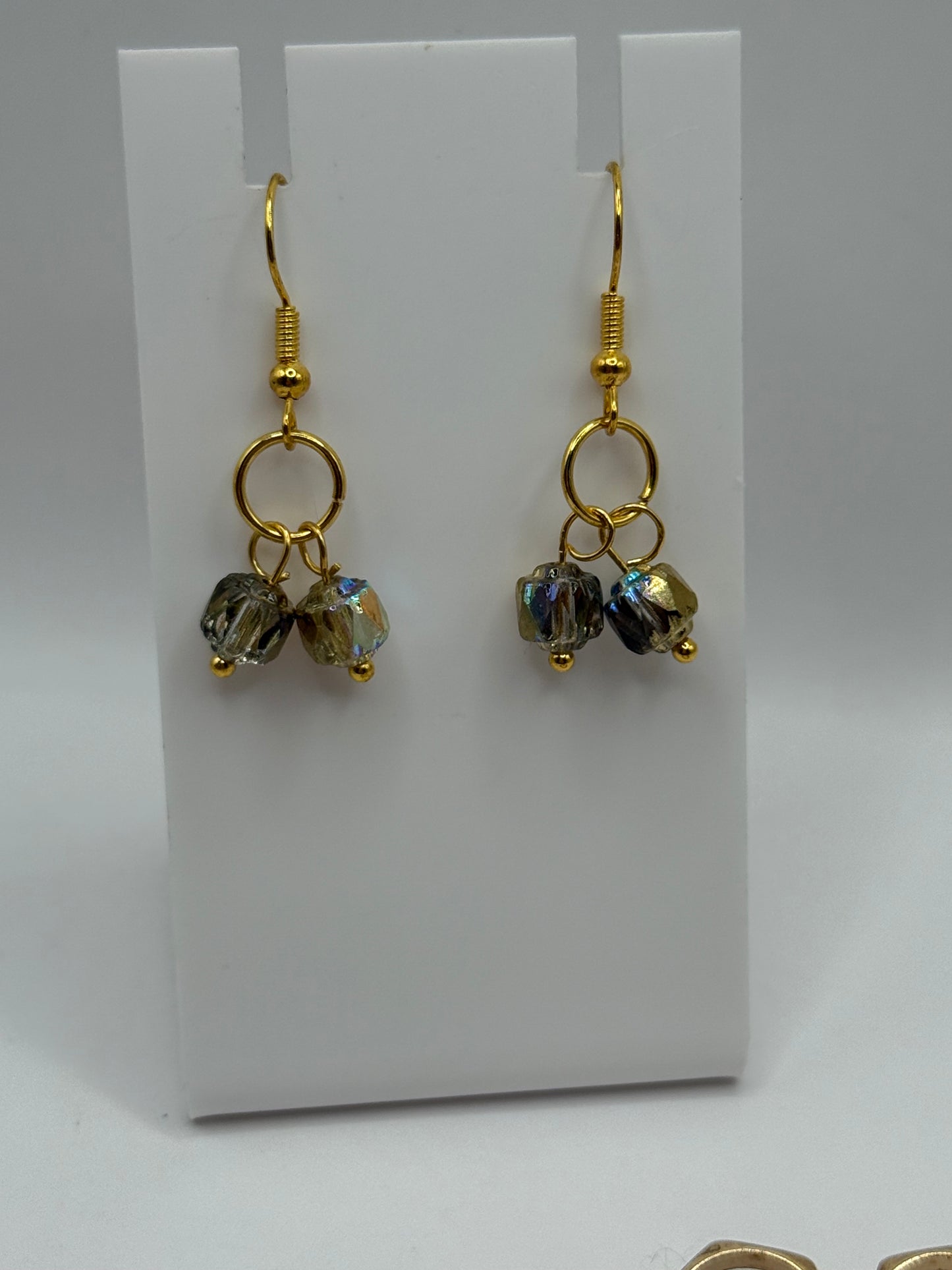 Golden Tone Lantern Bead Bracelet | 7.75” Stretch Bracelet with Iridescent Rainbow Beads | Elegant Boho Jewelry by LuckyCharm Boutique TX