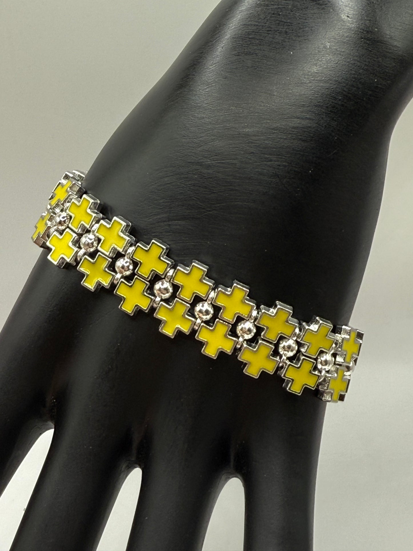 Bold Yellow Cross Link Bracelet – Adjustable 7.5” to 8”, Silver-Tone Double Row Design, Unique Statement Jewelry