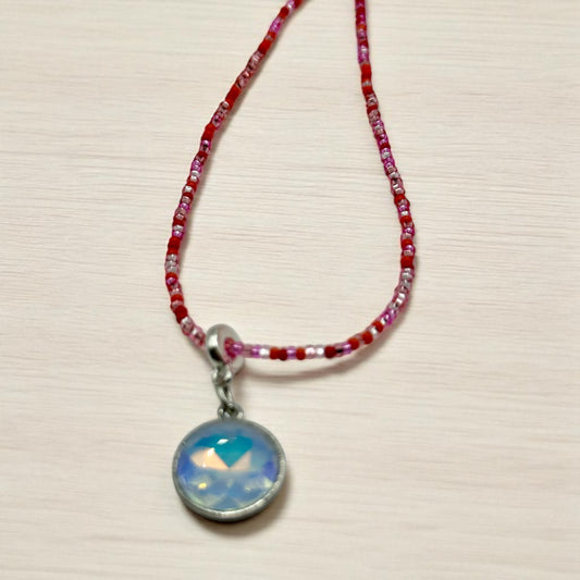 20” Delicate Czech Glass Beaded Necklace with Iridescent Pendant – Handmade Boho Jewelry