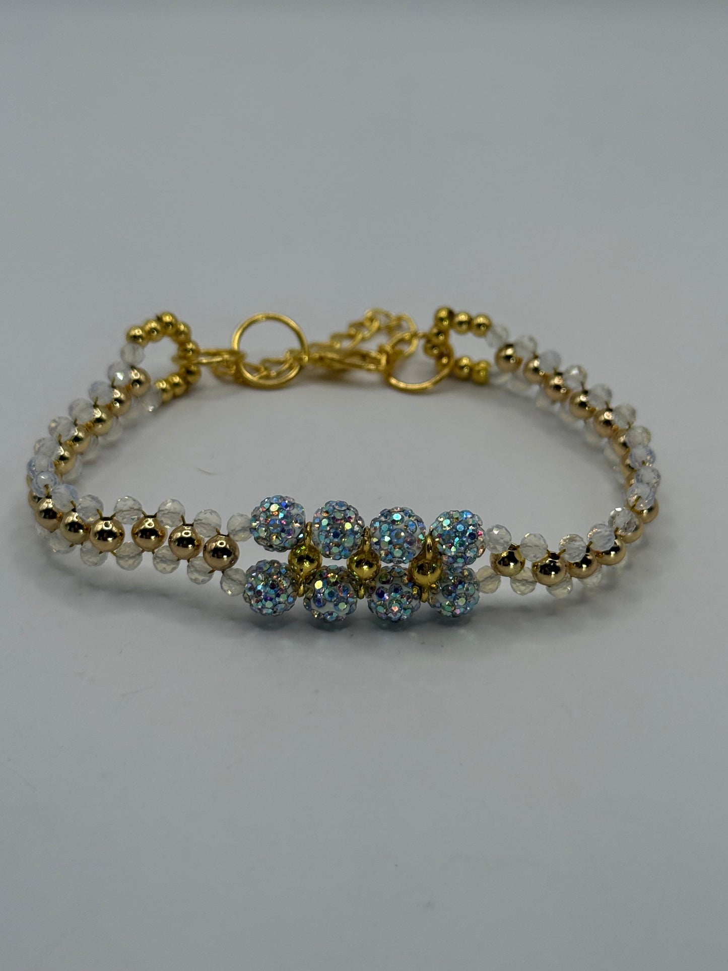 Opalite Beaded Double Band Bracelet – 7” Adjustable Clasp | Dainty Gold & Iridescent Sparkle Jewelry | Handmade Gift