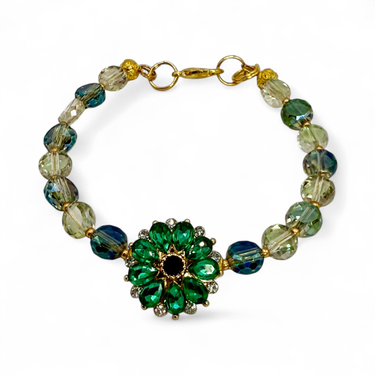 Emerald Green Crystal Flower Bracelet – 7.5” Clasp Bracelet | Adjustable | Handmade Beaded Jewelry Gift | Free Gift Included