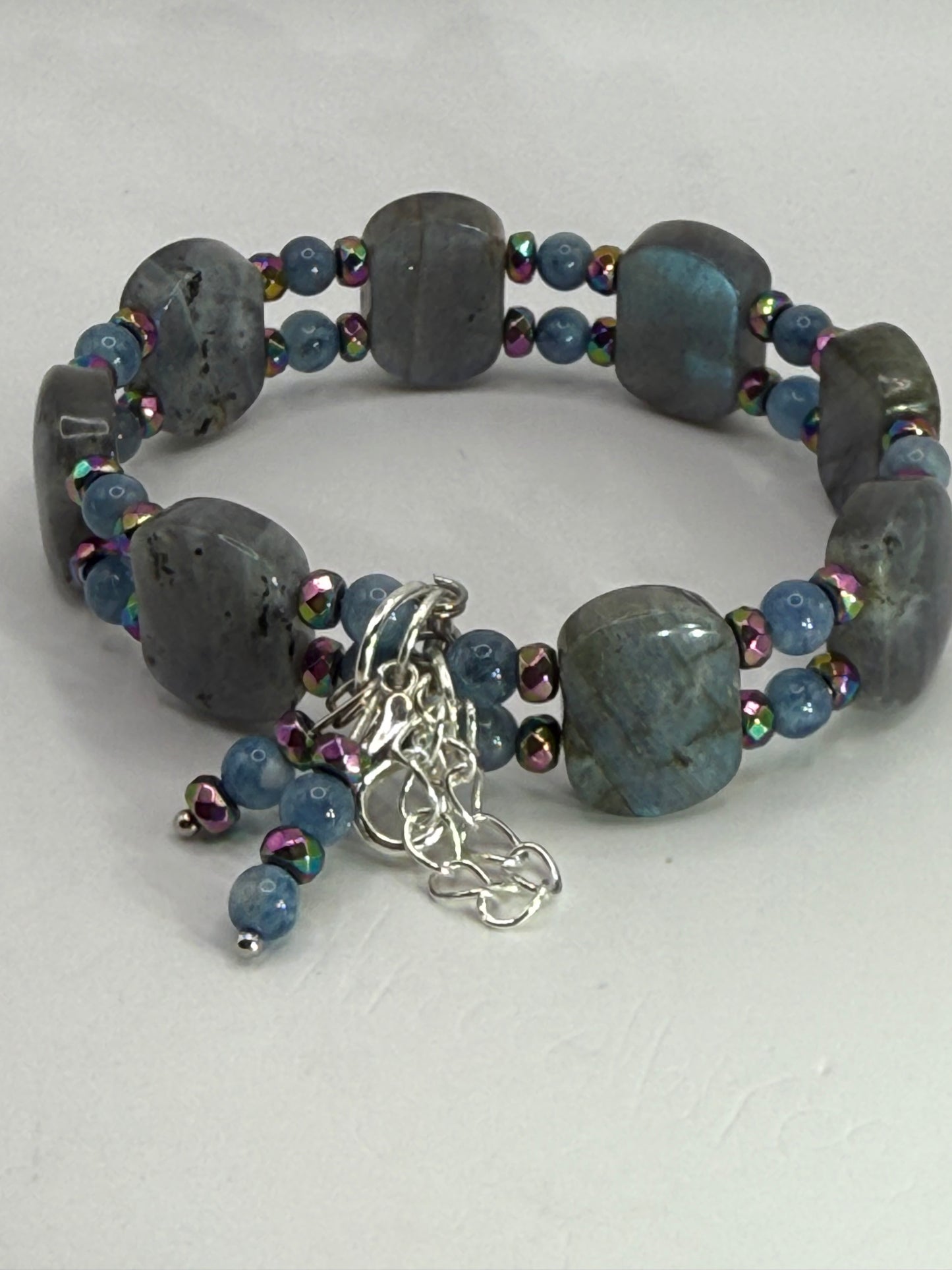 Labradorite Aquamarine Rainbow Hematite Double Bangle Bracelet | Adjustable 7.75–8” Clasp | Handmade Gemstone Jewelry