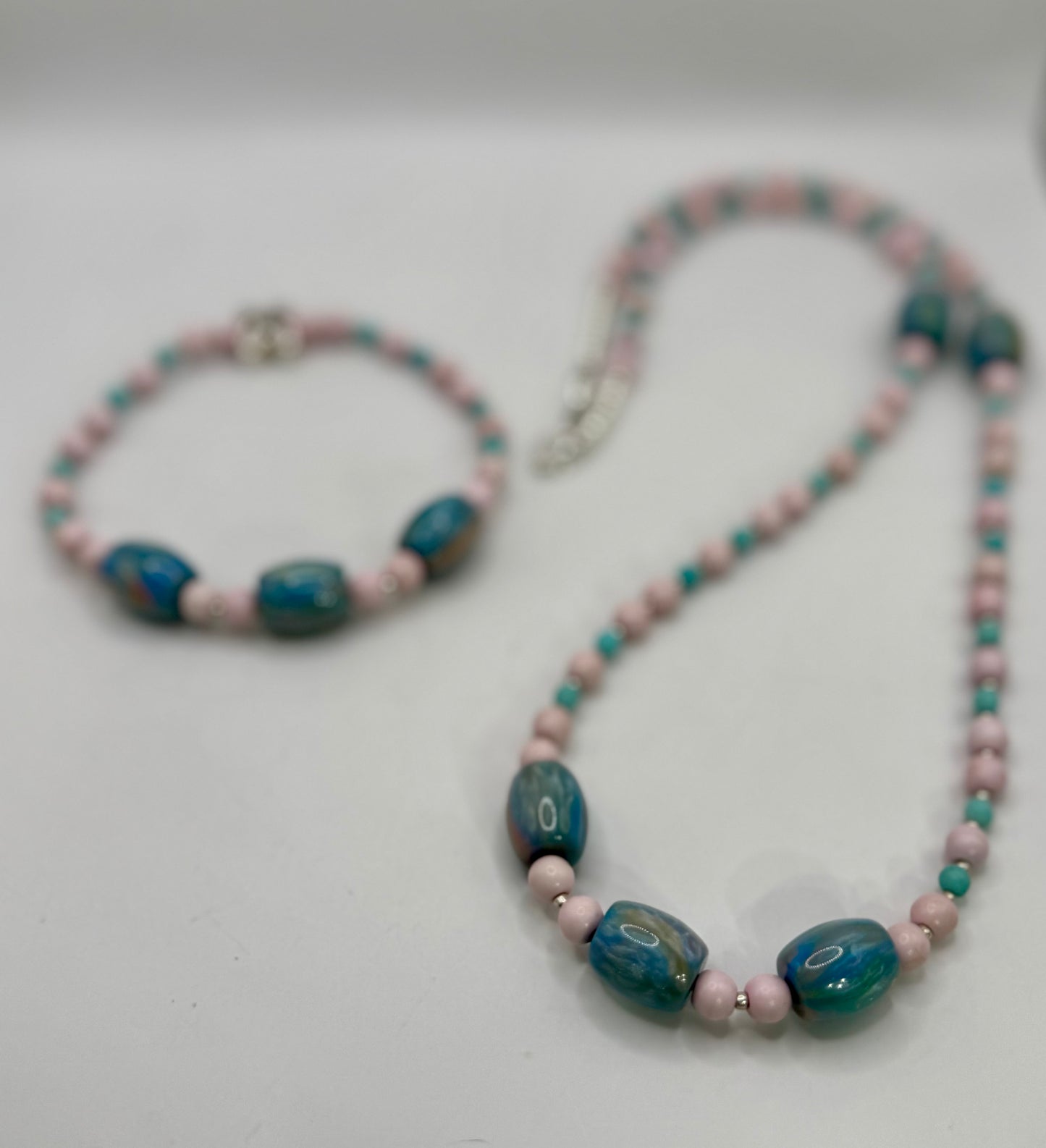 24” Necklace & 7.75” Matching Bracelet Set | Coastal Jewelry | Pink & Teal