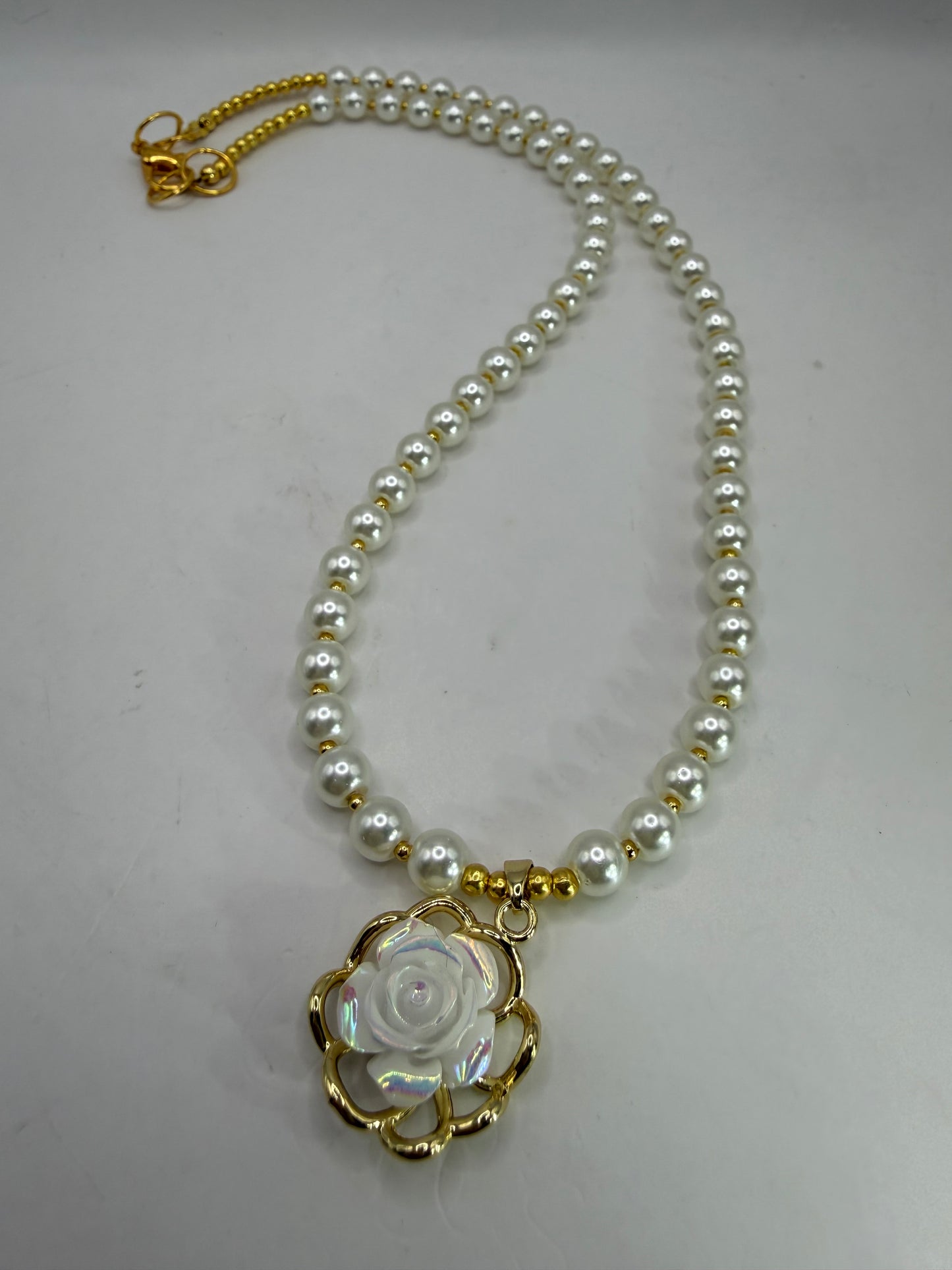 Handmade Glass Pearl Necklace with Iridescent Flower Pendant | 20 Inch Pearl Necklace | One of a Kind Jewelry | Made in Texas