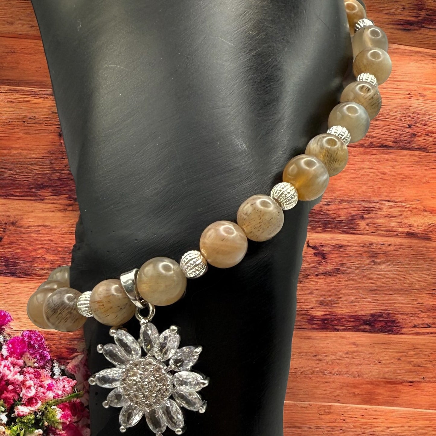 Sunstone Elastic Bracelet with Silver Daisy Focal Charm