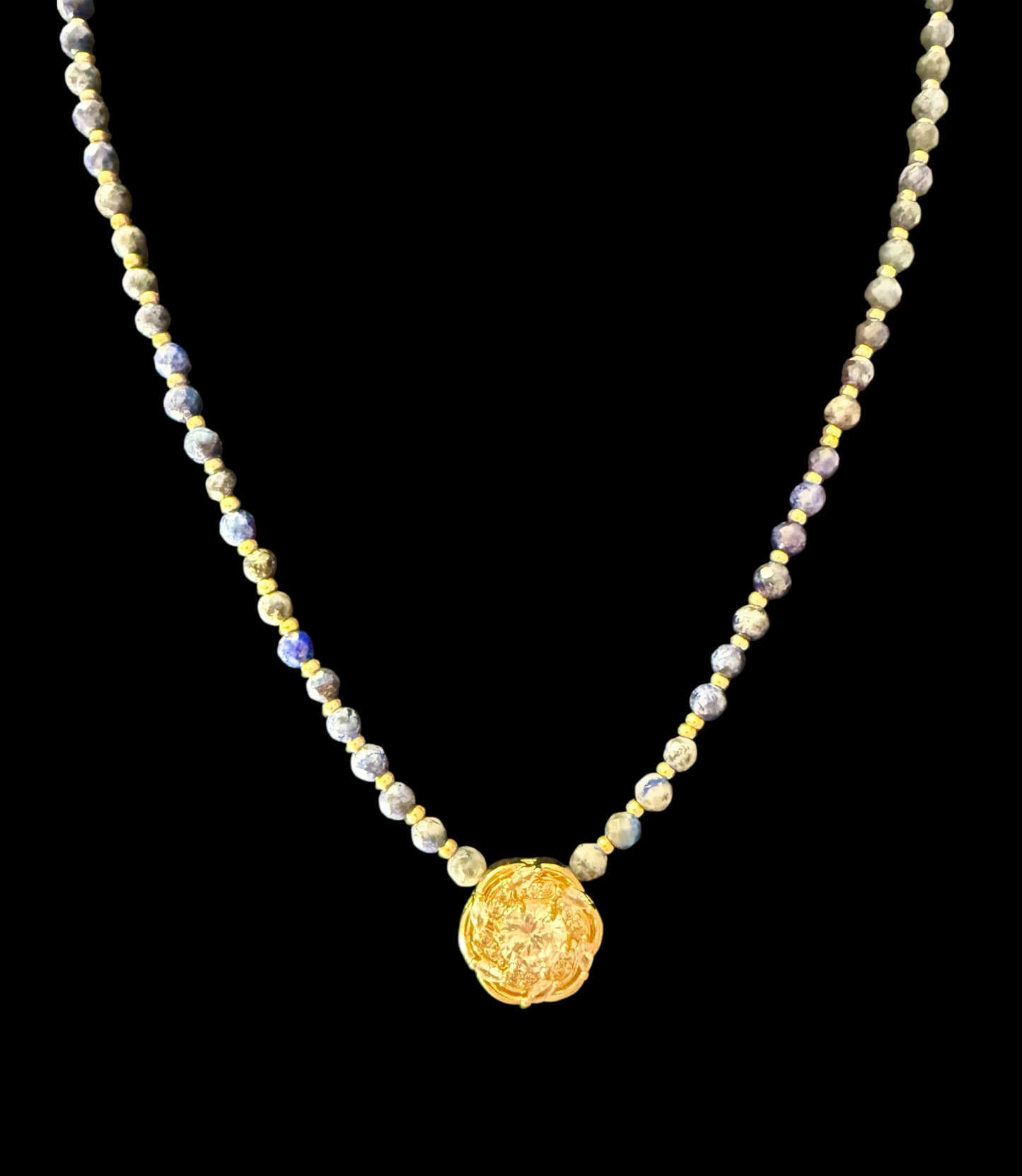 20” Lapis Lazuli Necklace with Gold Crystal Focal Pendant | Handmade Gemstone Jewelry | Elegant Blue Beaded Necklace for Women