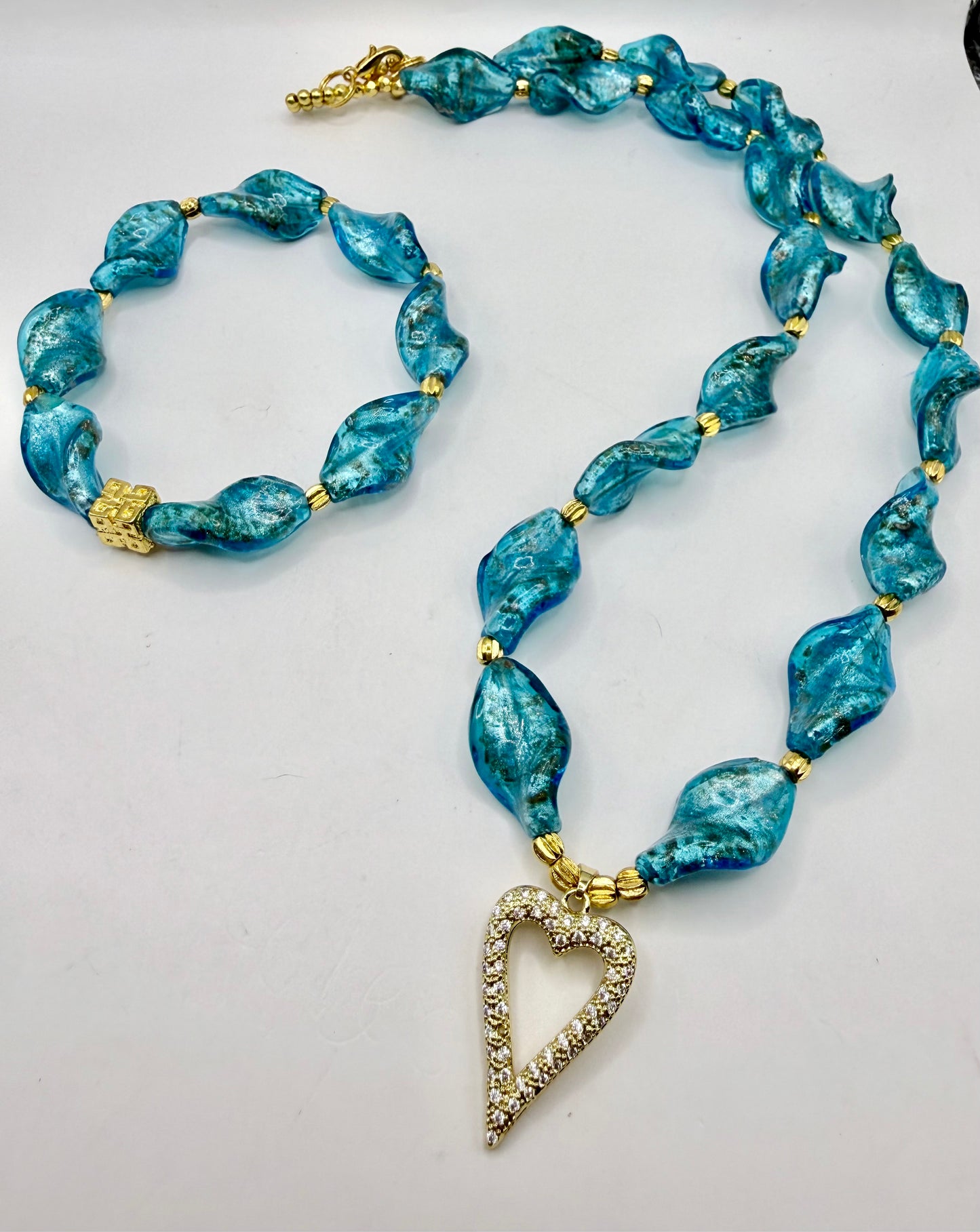 Blue Glass Beaded Necklace and Bracelet Set | 20 Inch Handmade Necklace | Elastic Bracelet | Gold Heart Charm Jewelry | Gift for Her