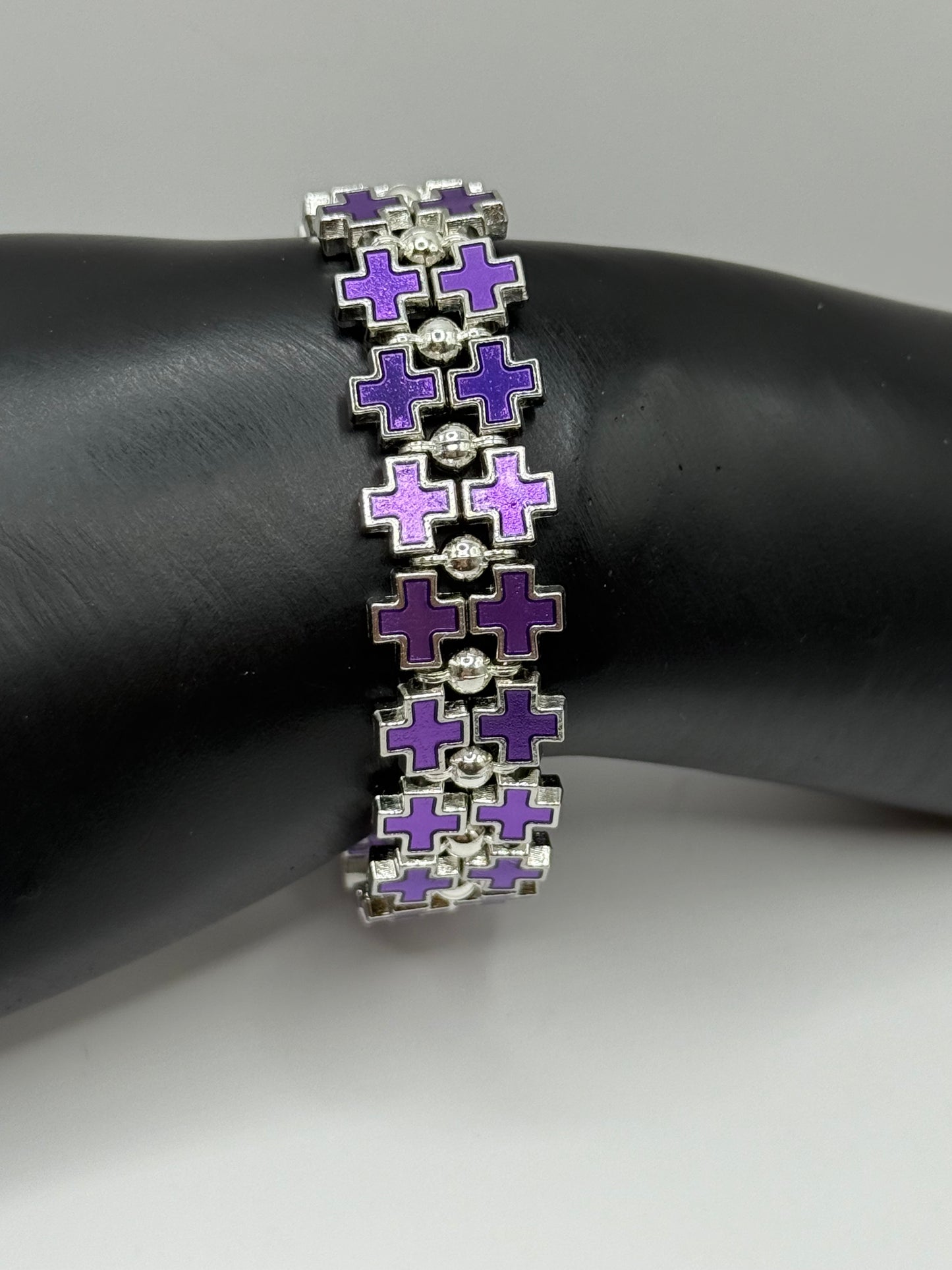 Bold Purple Cross Link Bracelet – Adjustable 7.5” to 8”, Silver-Tone Double Row Design, Unique Statement Jewelry