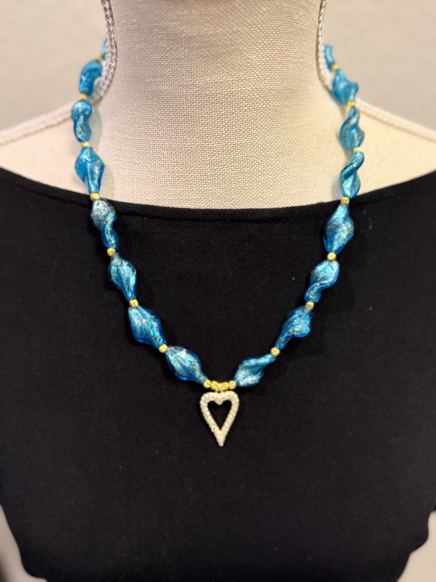 Blue Glass Beaded Necklace and Bracelet Set | 20 Inch Handmade Necklace | Elastic Bracelet | Gold Heart Charm Jewelry | Gift for Her