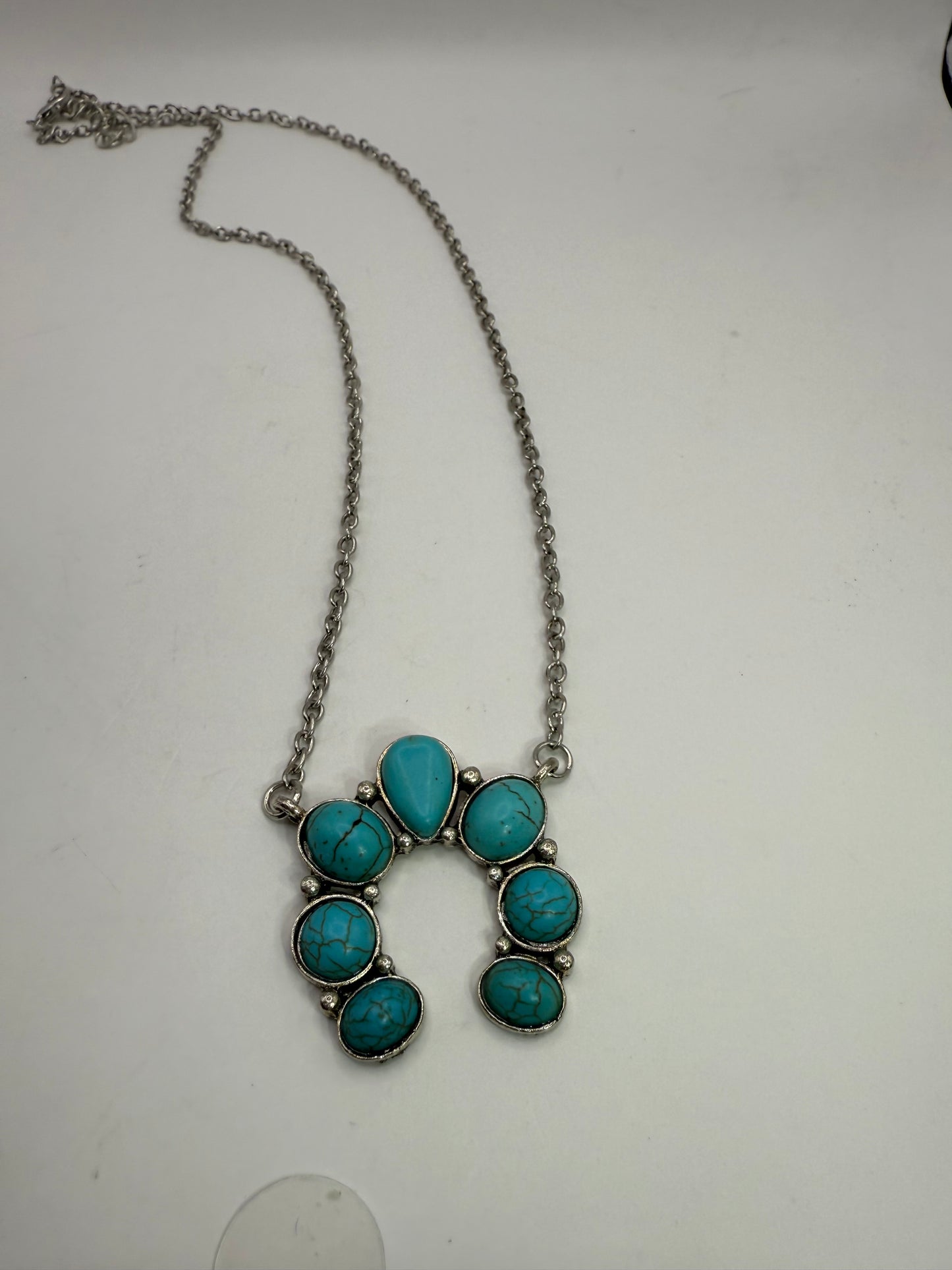 Turquoise Howlite Squash Blossom Necklace – 18” Silver Chain