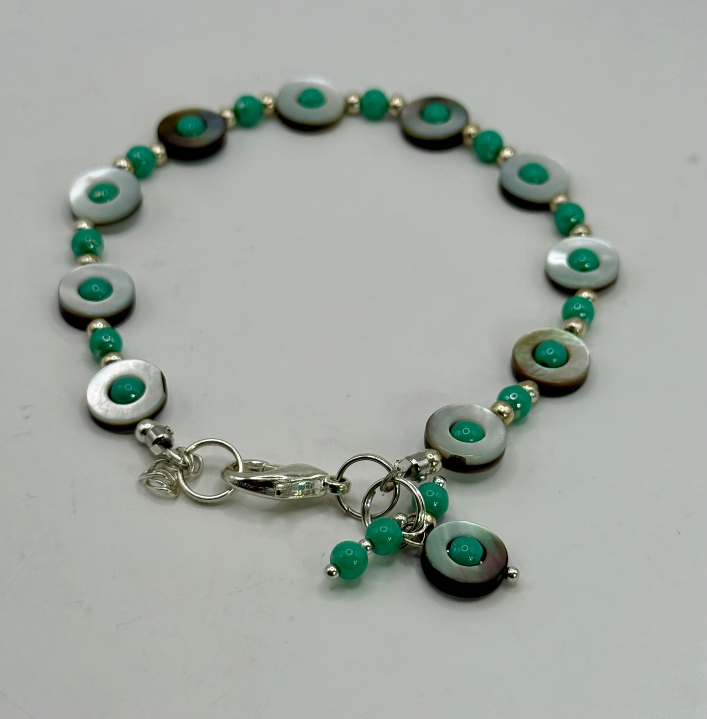 Teal Glass and Mother of Pearl Bracelet 8.25” | Ocean Style Boho Jewelry | Shell and Teal Beaded Bracelet | Gift for Her | Clasp Bracelet