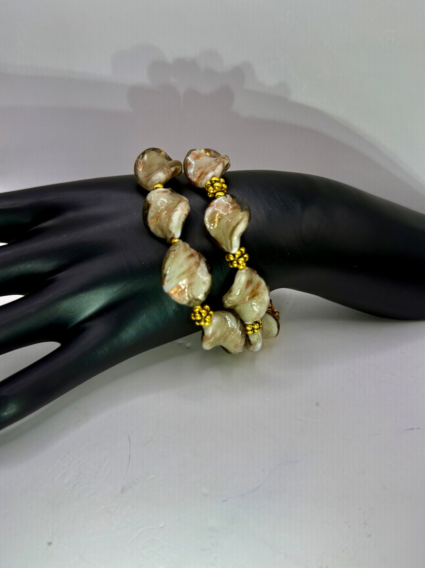20” Cream Swirl Glass Bead Necklace + Matching Bracelets | Elegant, One-of-a-Kind Set