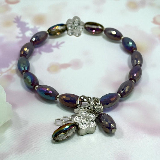 Iridescent Purple and Bronze Glass Bead Bracelet with Silver Flower Charm – 7.75” Clasp Bracelet, Handmade Gift for Her – Free Resizing