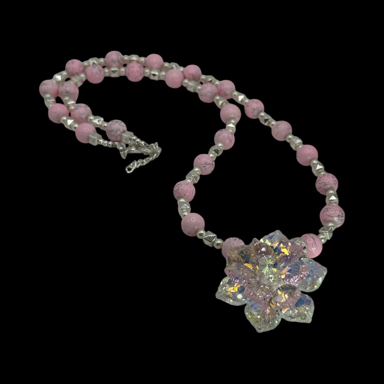 Pink Beaded Necklace with Crystal Flower Pendant – 26” Handmade Jewelry Set with Matching 8" Bracelet & Earrings