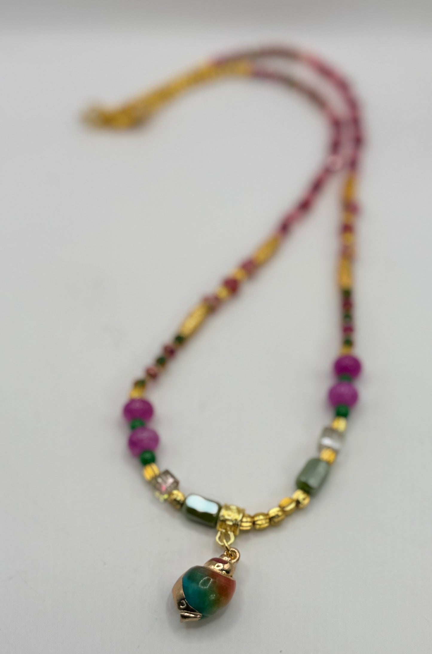 Glass Beaded Necklace 20 Inch | Colorful Handmade Necklace | Artisan Bead Necklace | Gold Accent Jewelry | Pink