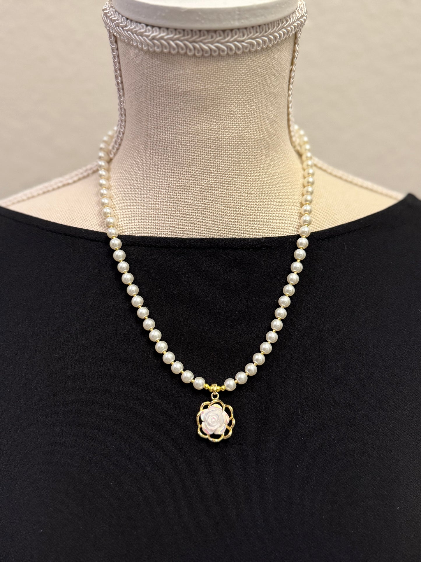 Handmade Glass Pearl Necklace with Iridescent Flower Pendant | 20 Inch Pearl Necklace | One of a Kind Jewelry | Made in Texas