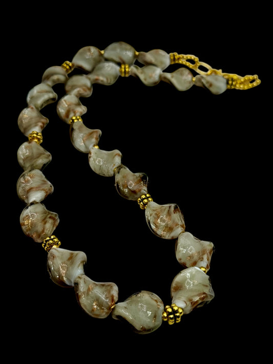 20” Cream Swirl Glass Bead Necklace + Matching Bracelets | Elegant, One-of-a-Kind Set