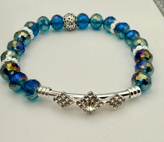 Sparkling Blue, Purple, and Green Disco Bead Bracelet 7.75"