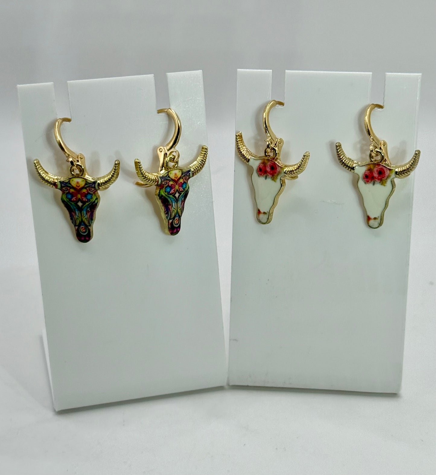 Western Bull Skull Earrings – Boho Cow Skull Dangle Earrings with Floral Design, Two Style Options, Southwestern Jewelry