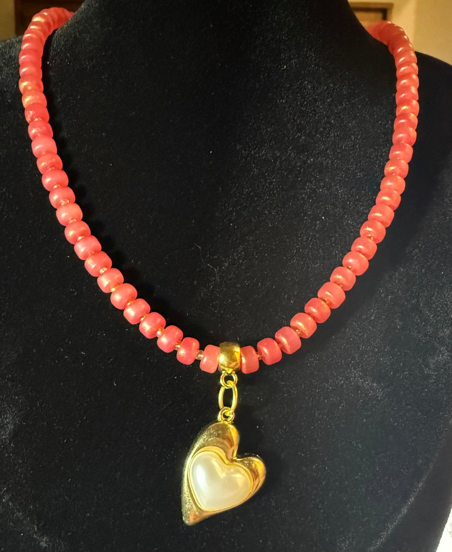 Pumpkin Glass Bead Necklace with Golden Heart Pendant – 20” Handmade Jewelry, Autumn Necklace, Romantic Gift, Fall Statement Jewelry