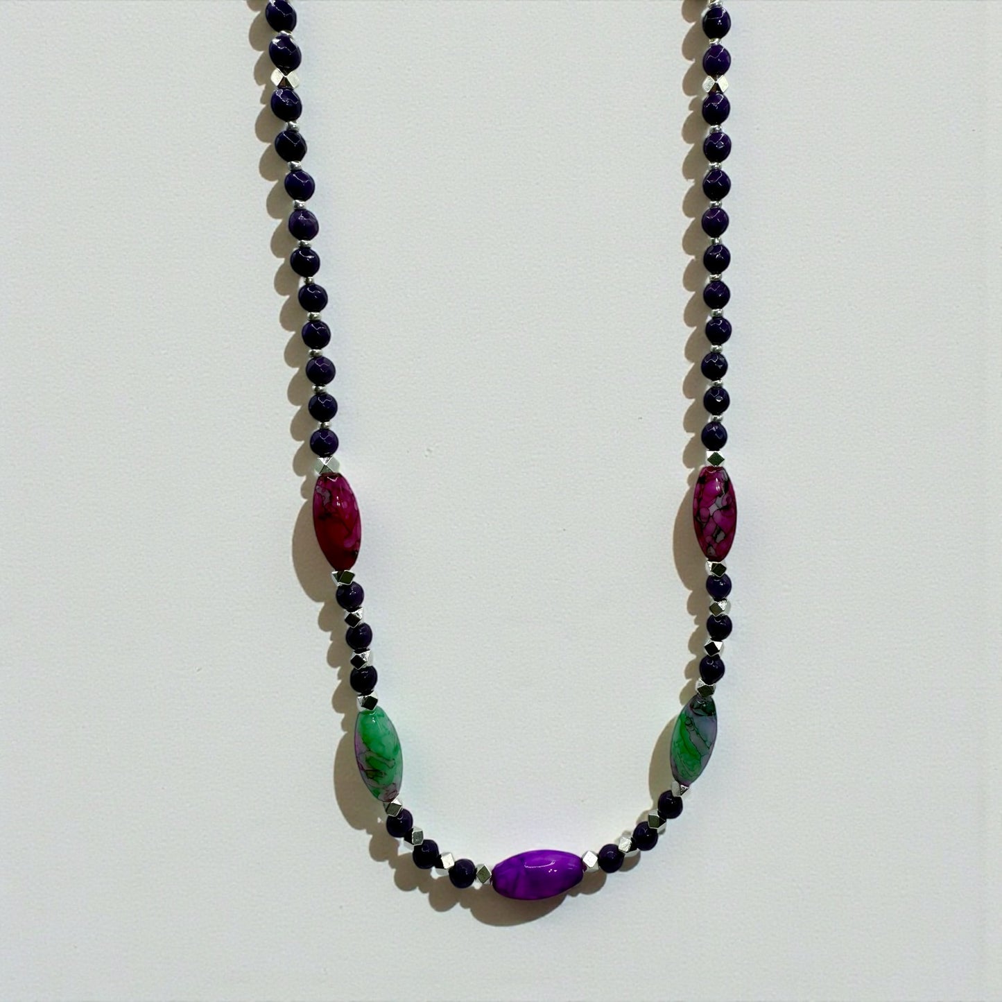 24” Multicolor Gemstone-Style Bead Necklace • Purple, Pink & Green Statement Necklace • Handmade Jewelry • Long Beaded Necklace Gift