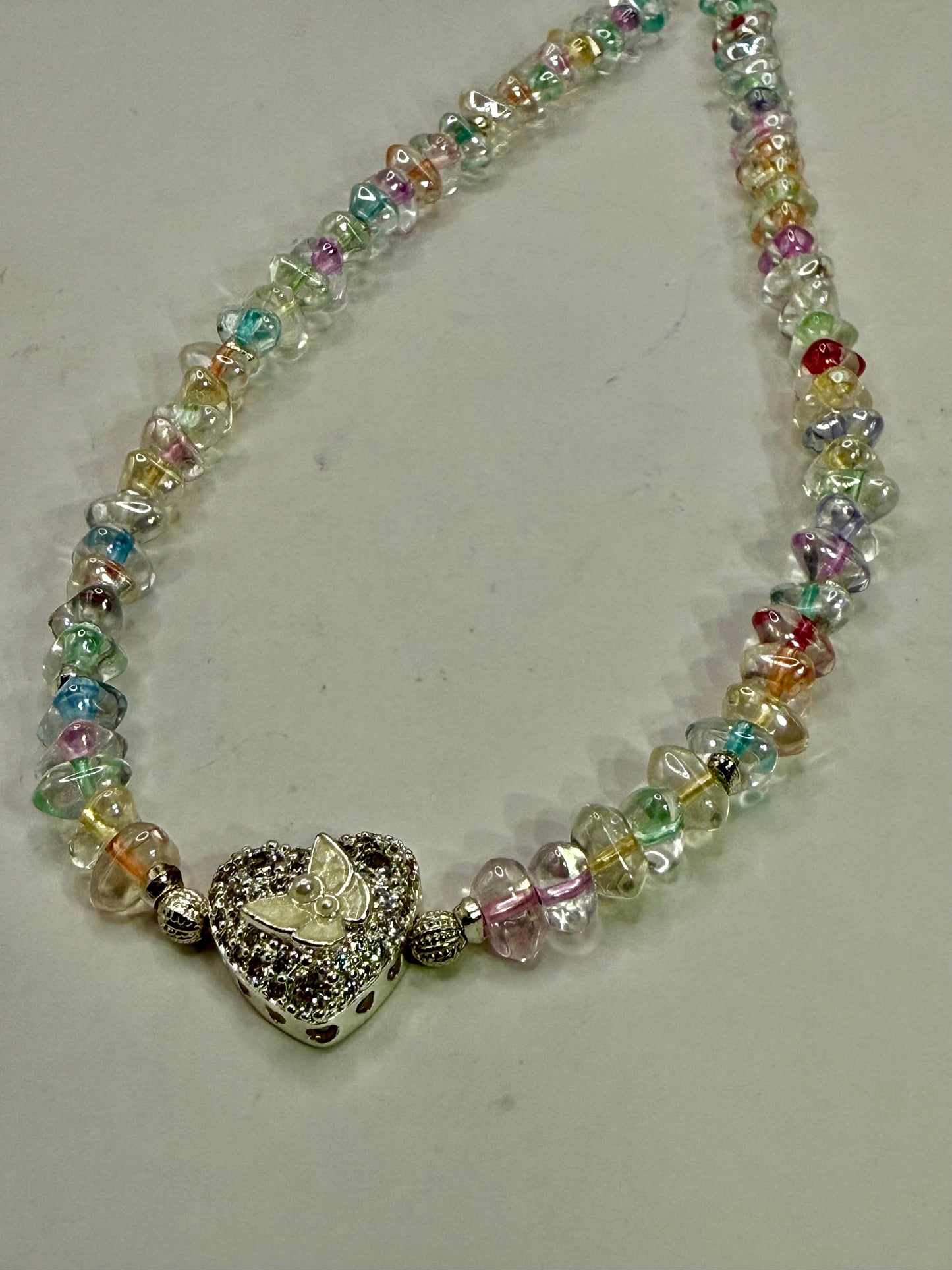 Pastel Glass Chip Necklace with Butterfly Heart Pendant – 22” Beaded Necklace + FREE Matching Bracelet