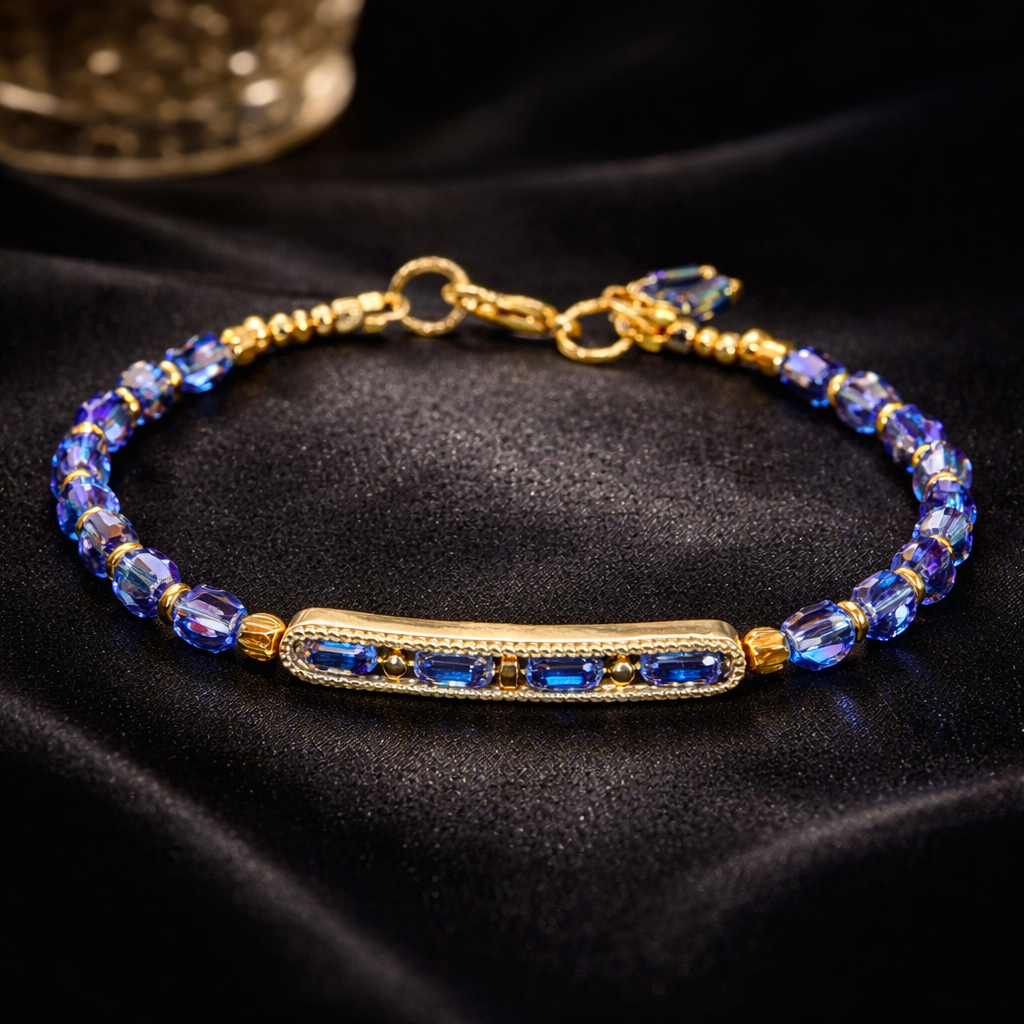 Royal Blue Faceted Glass Bracelet 7.75" • Handmade Gold Bar Bracelet