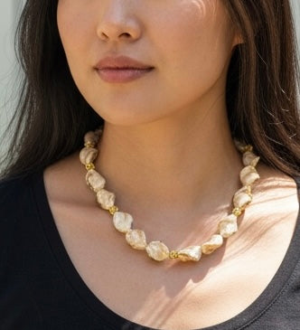 20” Cream Swirl Glass Bead Necklace + Matching Bracelets | Elegant, One-of-a-Kind Set