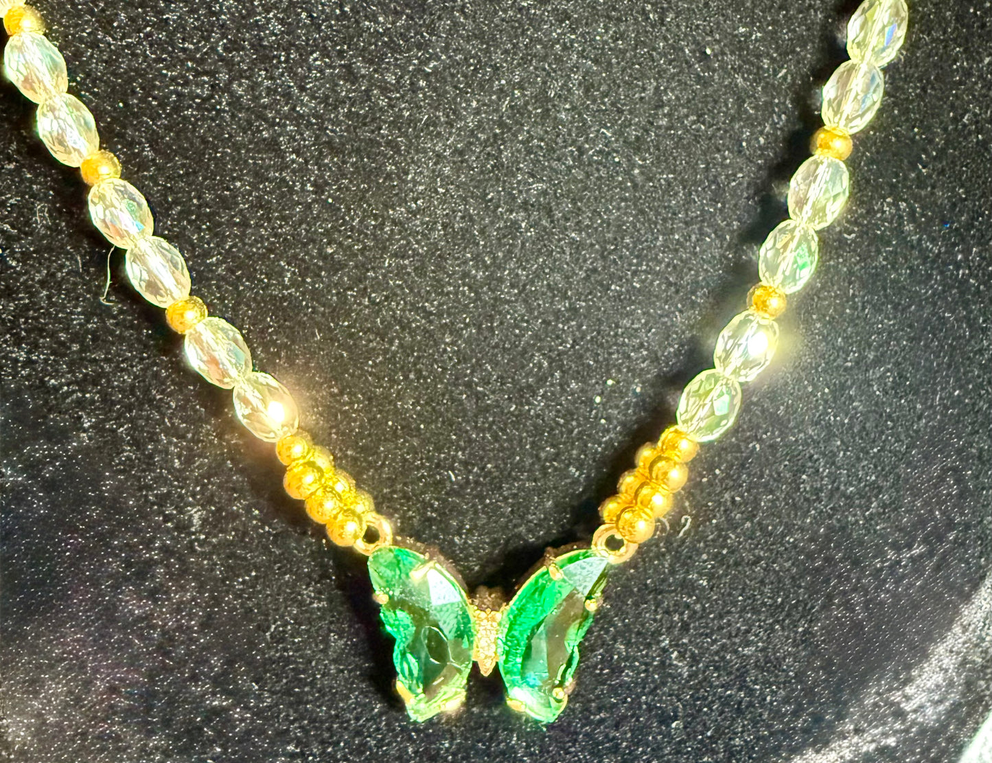 Green Crystal Butterfly Pendant Necklace – 20” Faceted Glass Beaded Necklace with Gold Accents – Sparkly Butterfly Jewelry Gift