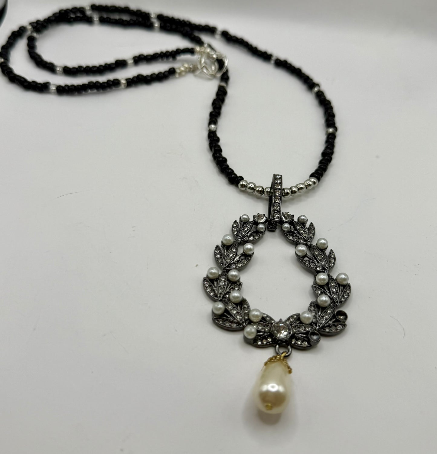 Elegant 26” Black Beaded Necklace with Vintage Wreath Pendant & Pearl Drop