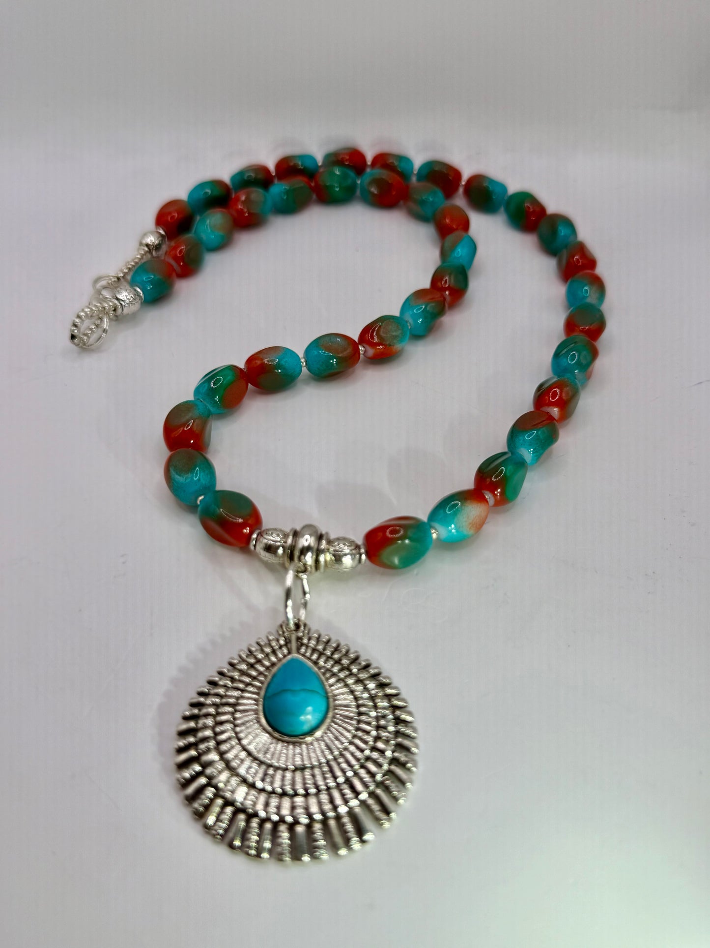 Turquoise & Coral Glass Bead Necklace – 22” Sunburst Pendant Statement Necklace – Southwestern Boho Jewelry – Handmade Gift for Her