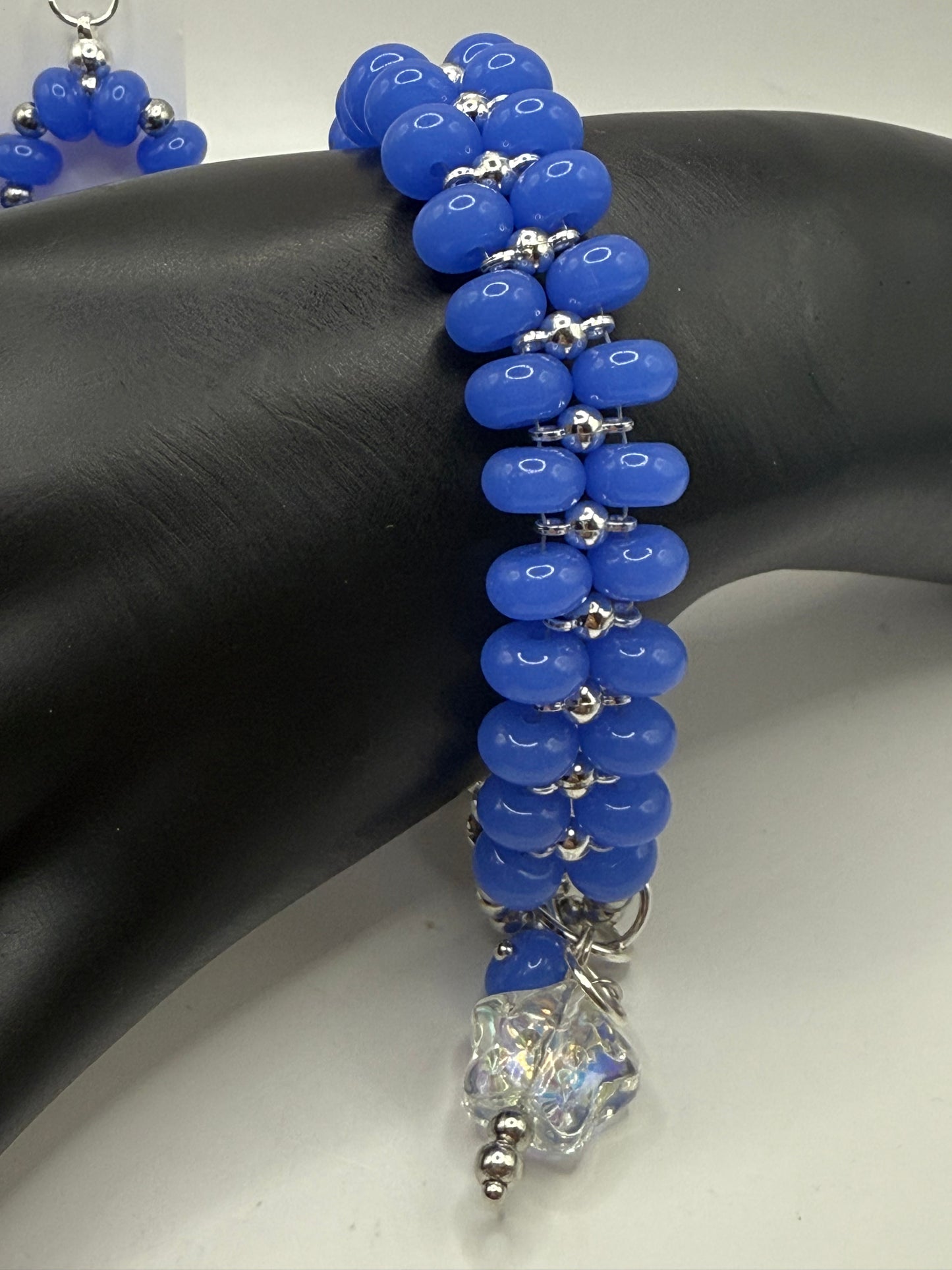 Double Strand Cornflower Blue Beaded Bracelet 7.75" with Iridescent Star Charm & Free Earrings – Handmade Jewelry Gift - Free Resizing Available
