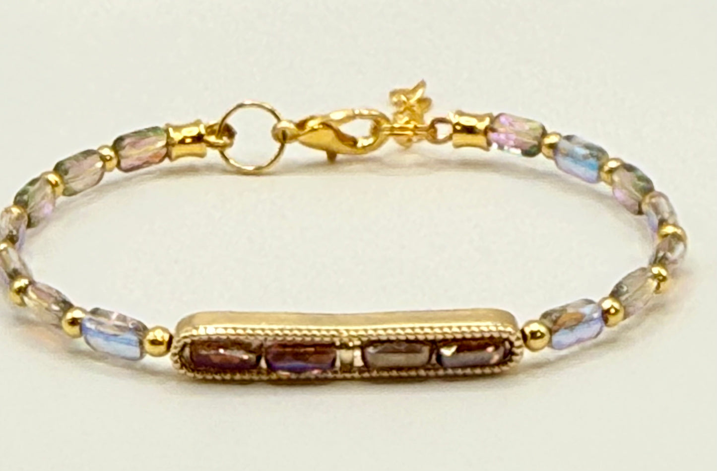 AB Iridescent Glass Bar Bracelet | Gold Frame Adjustable Bracelet | Handmade Sparkle Bracelet | 7–7.75 Inch