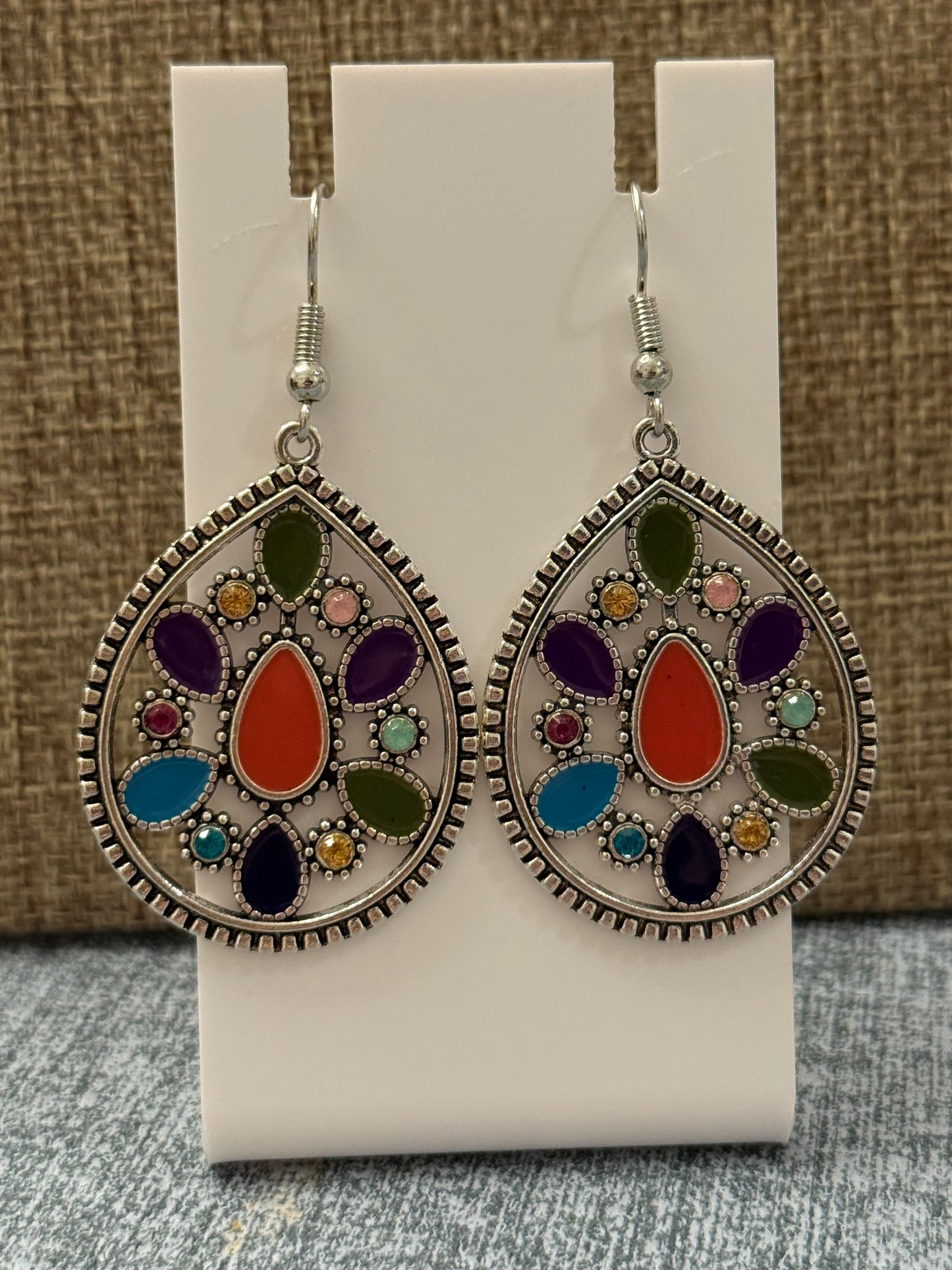Multicolor Teardrop Boho Dangle Earrings | Southwestern Mosaic Statement Drops | Colorful Silver-Tone Hooks | Gift for Her