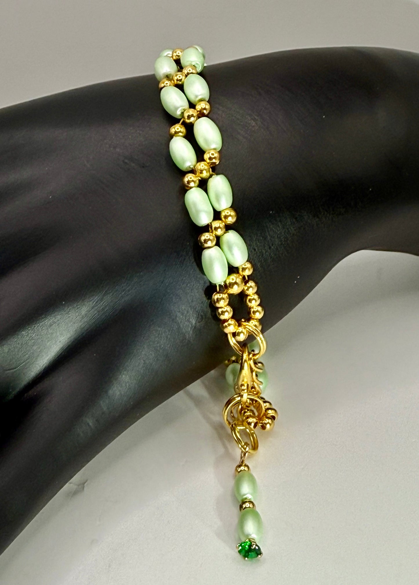 7.5” Double Banded Rice Bead Bracelet with Gold Accents | Mint Green Beaded Jewelry | Handmade Adjustable Bracelet