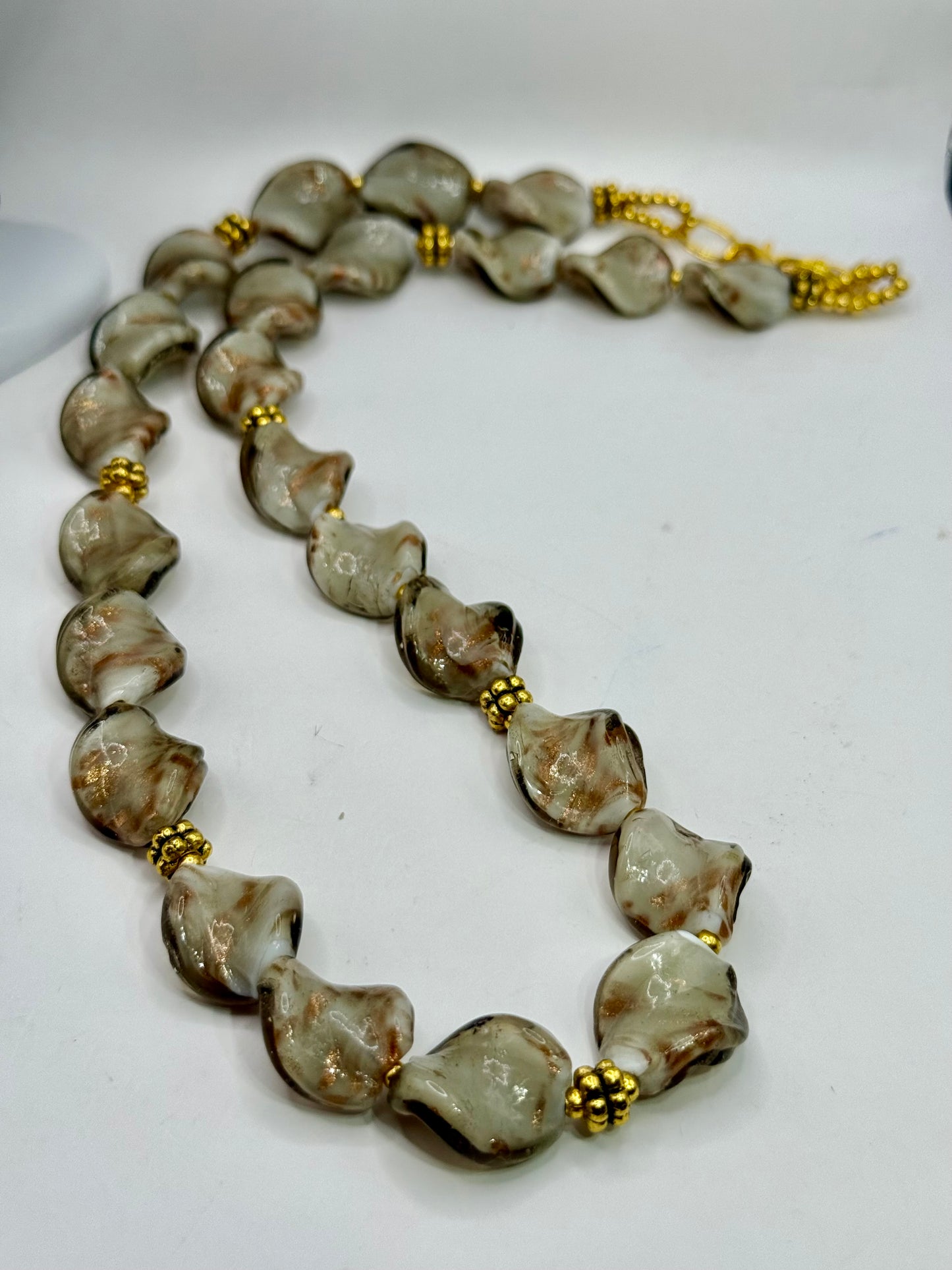 20” Cream Swirl Glass Bead Necklace + Matching Bracelets | Elegant, One-of-a-Kind Set