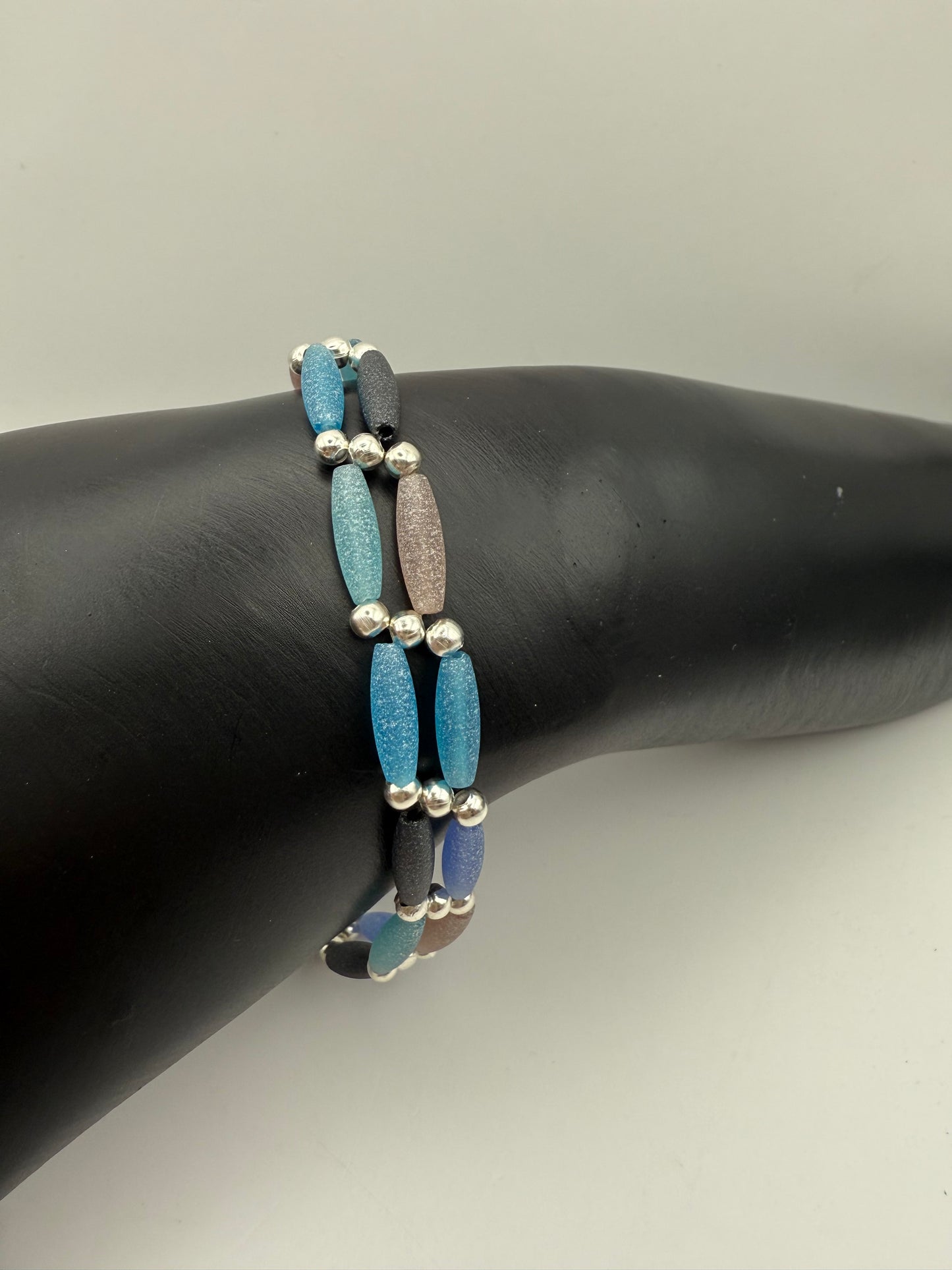 Blue Hues Rice Double Strand Bracelet 7.75"