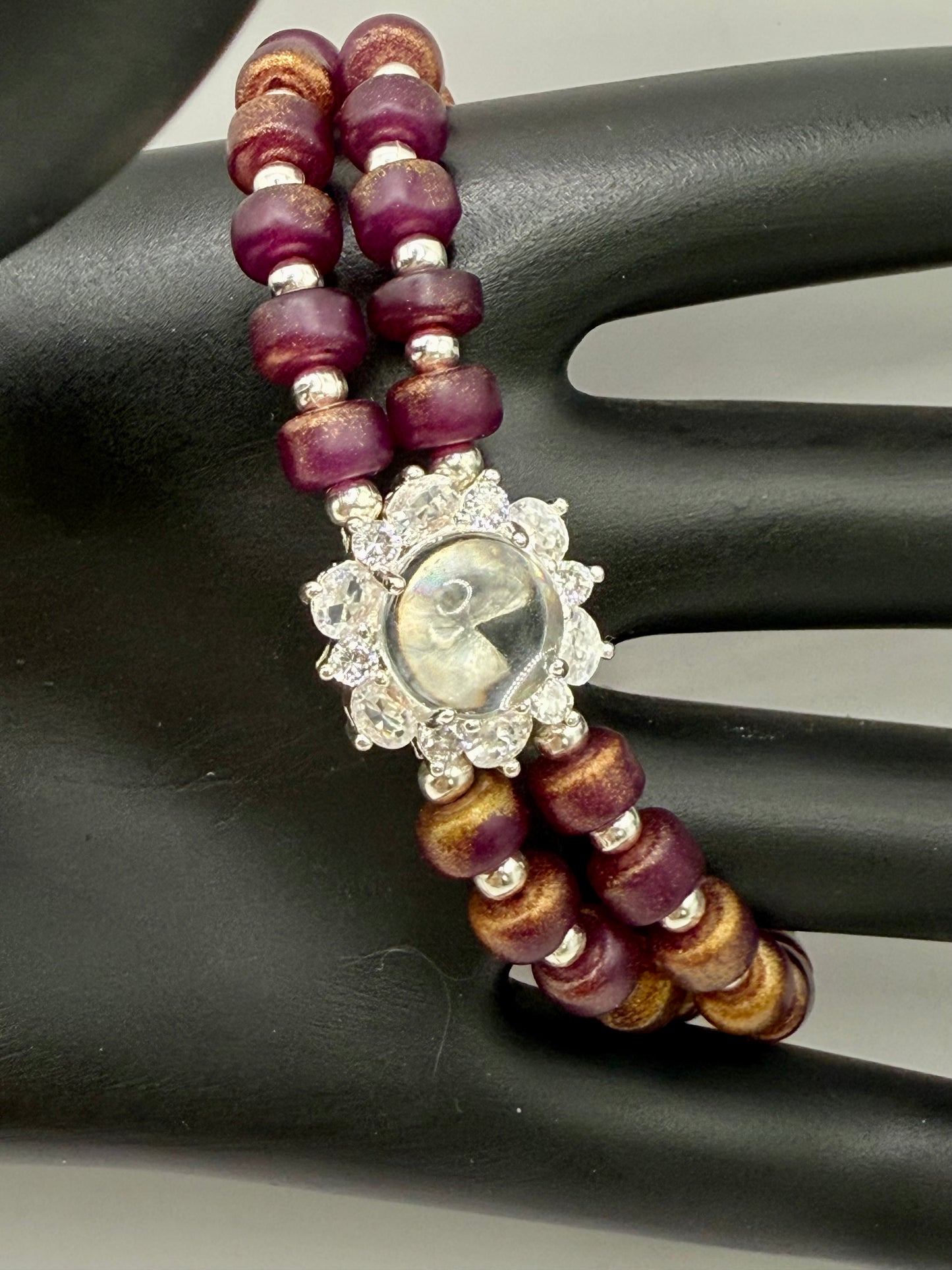 Plum and Bronze Dual Strand Beaded Bracelet – 7.5” Sparkling Focal Bracelet with Magnetic Slide Clasp – Handmade Jewelry