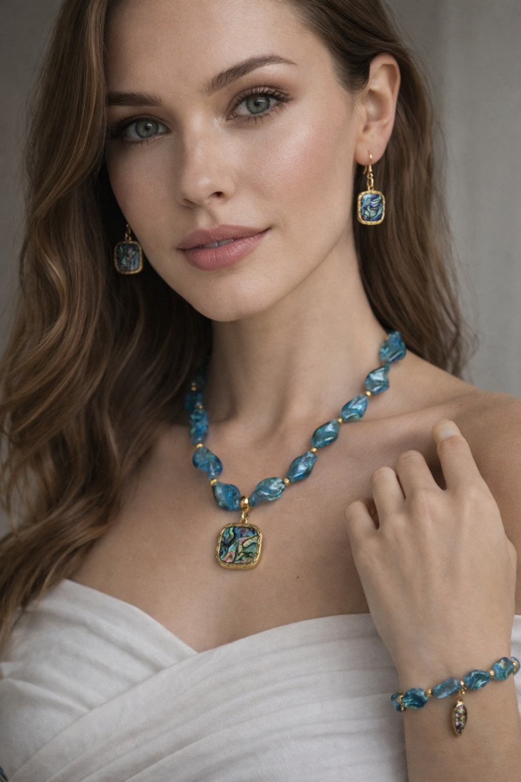 Blue Art Glass Necklace Bracelet Earrings Set | Coastal Jewelry Set | Abalone Pendant | Handmade Statement Jewelry awwwww