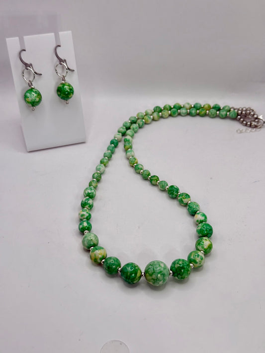 Green Marbled Bead Necklace with Free Matching Earrings • 20” Handmade Necklace Set • Green Jewelry Gift • Statement Bead Necklace