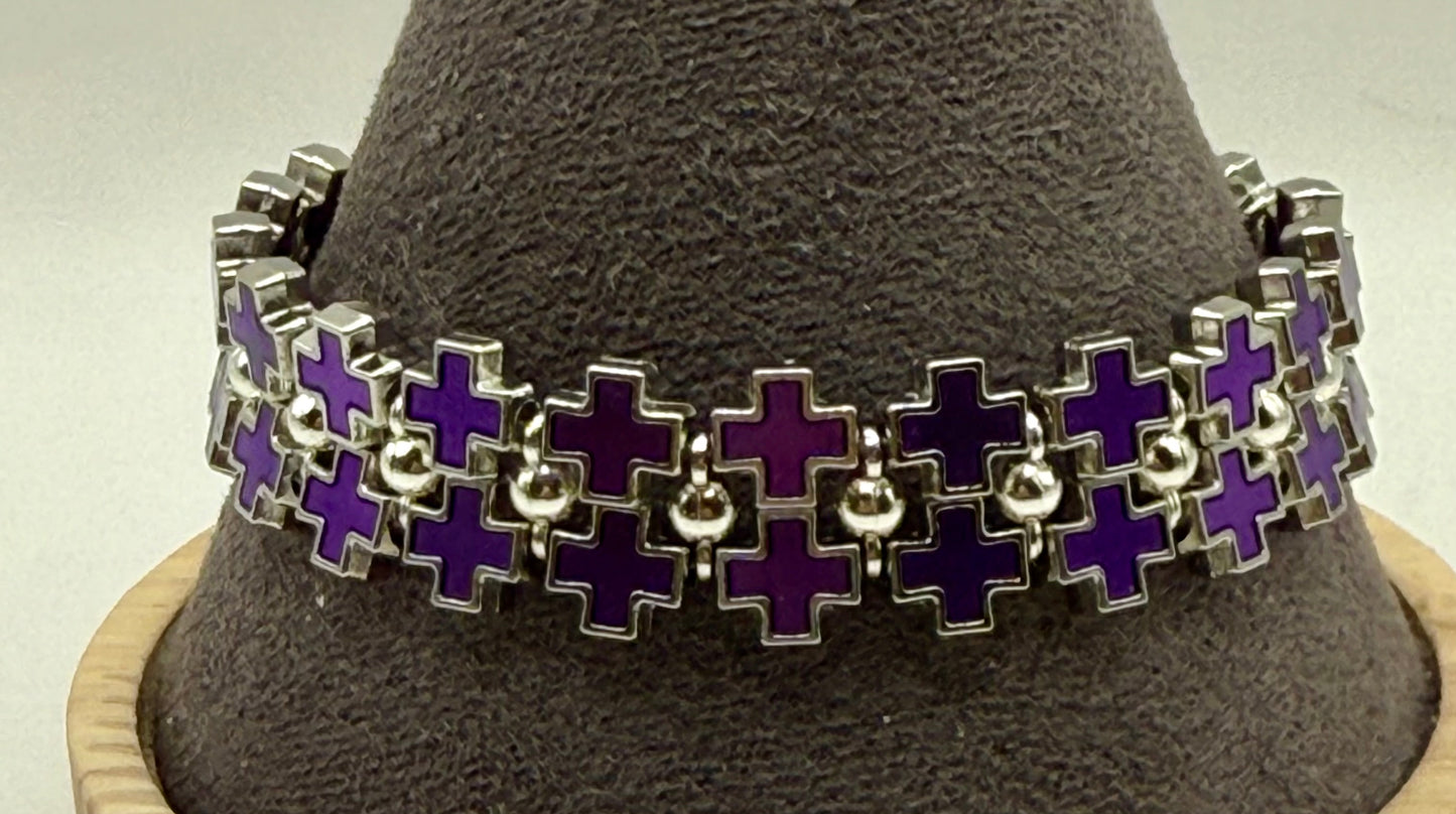 Bold Purple Cross Link Bracelet – Adjustable 7.5” to 8”, Silver-Tone Double Row Design, Unique Statement Jewelry