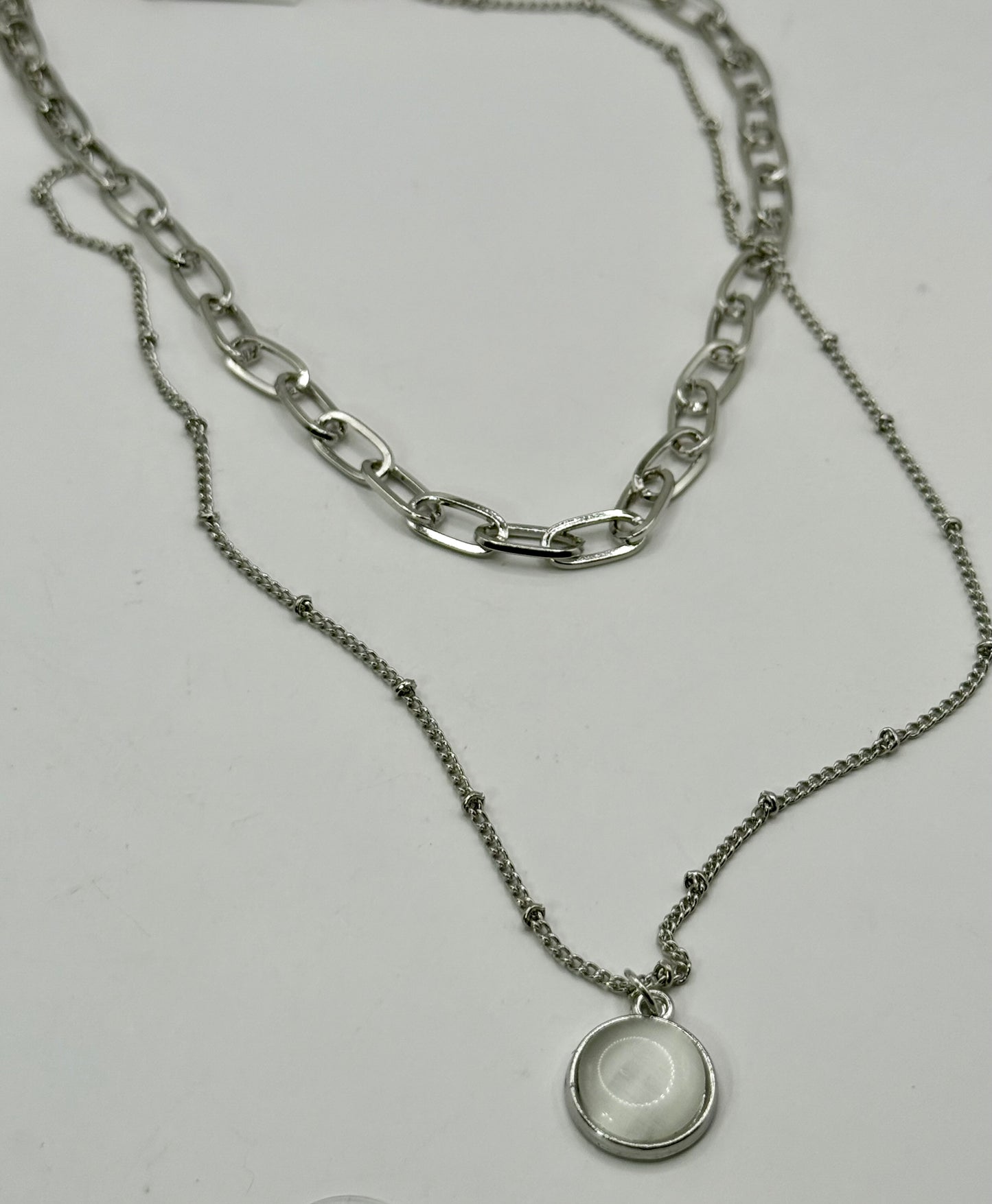 Layered Silver Necklace Set – 18” & 22” Chains with Extenders, Iridescent Round Pendant