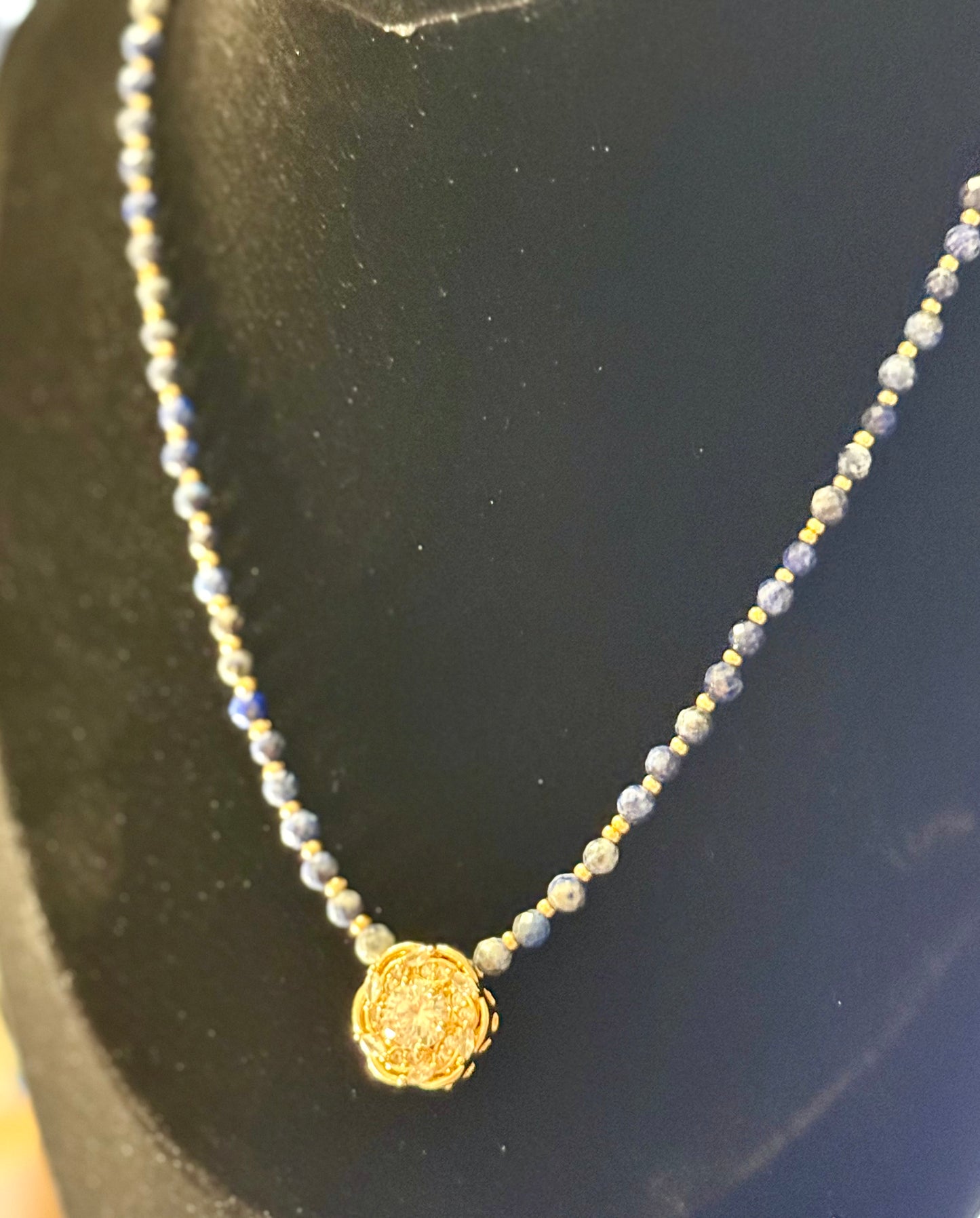 20” Lapis Lazuli Necklace with Gold Crystal Focal Pendant | Handmade Gemstone Jewelry | Elegant Blue Beaded Necklace for Women